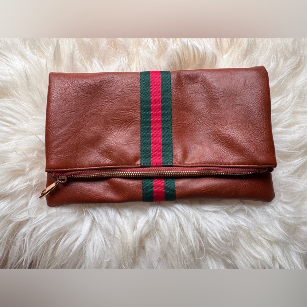 Brown Leather Clutch with Stripe Accent